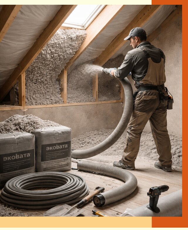 Утепление мансарды эковатой в Нягани от 2241 руб/м2 — монтаж, задувка, цена | ТепломастерНга