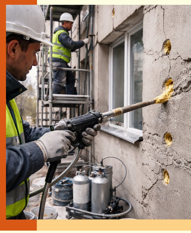 Заполнение пустот в фасаде и утепление стен в Нягани